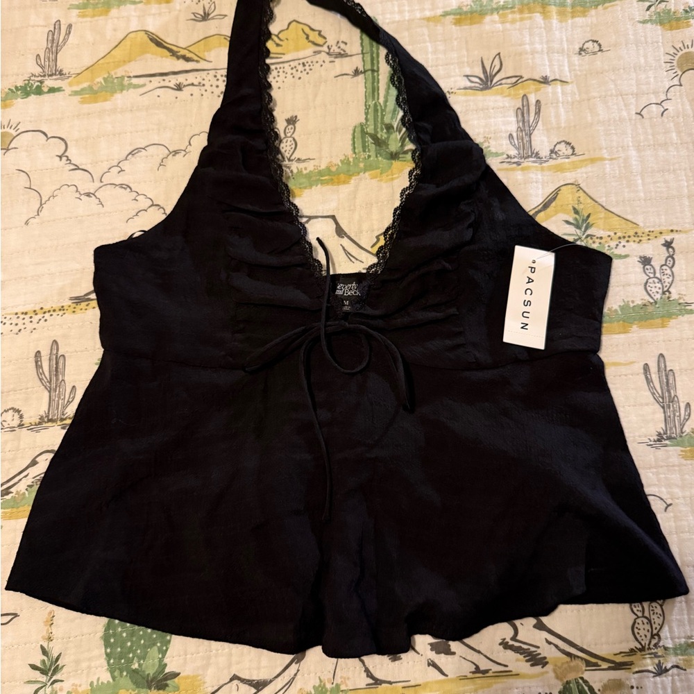 PacSun Black Lace-Trimmed Halter Top